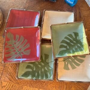 Clay Art Zanzibar Monstera Leaf Plates Set of 6 Bamboo Hand Painted Stoneware